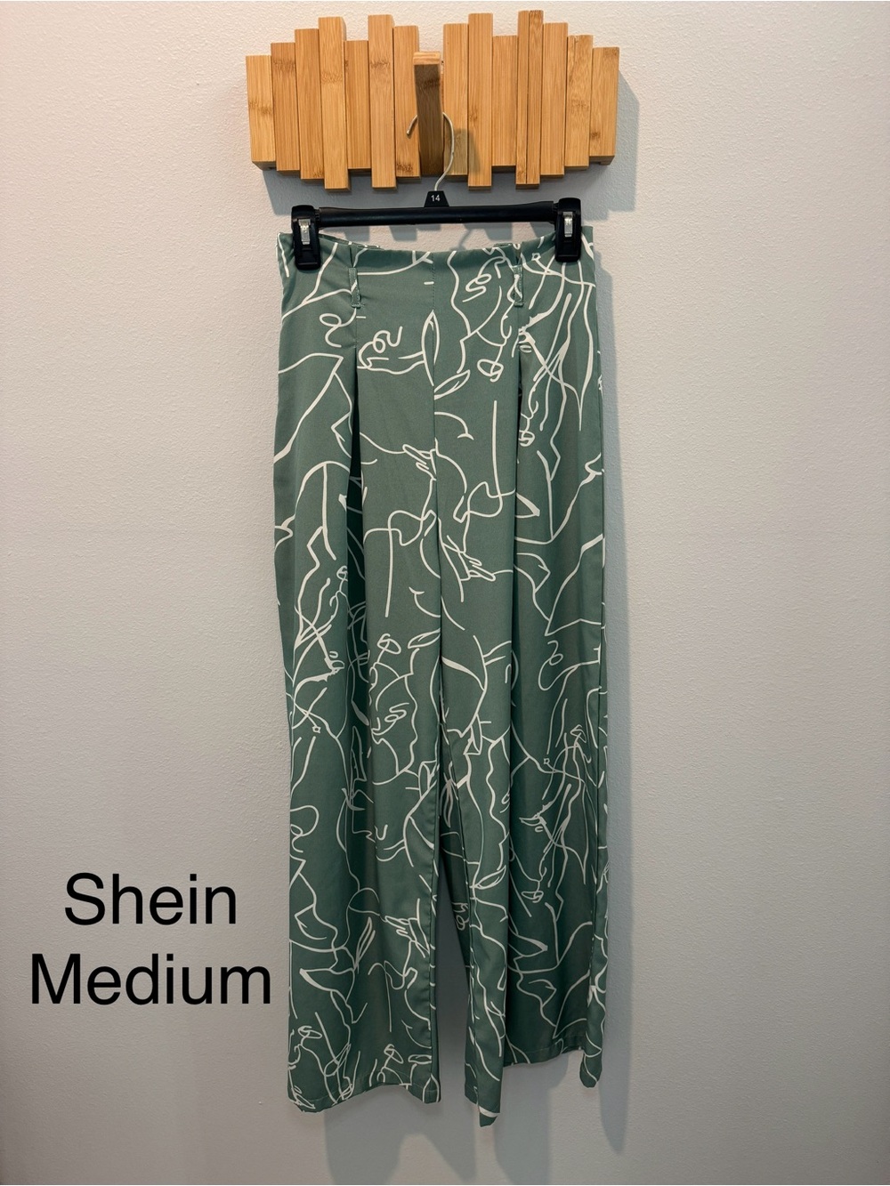 SHEIN Sage Green Abstract-Print Wide-Leg Chinos